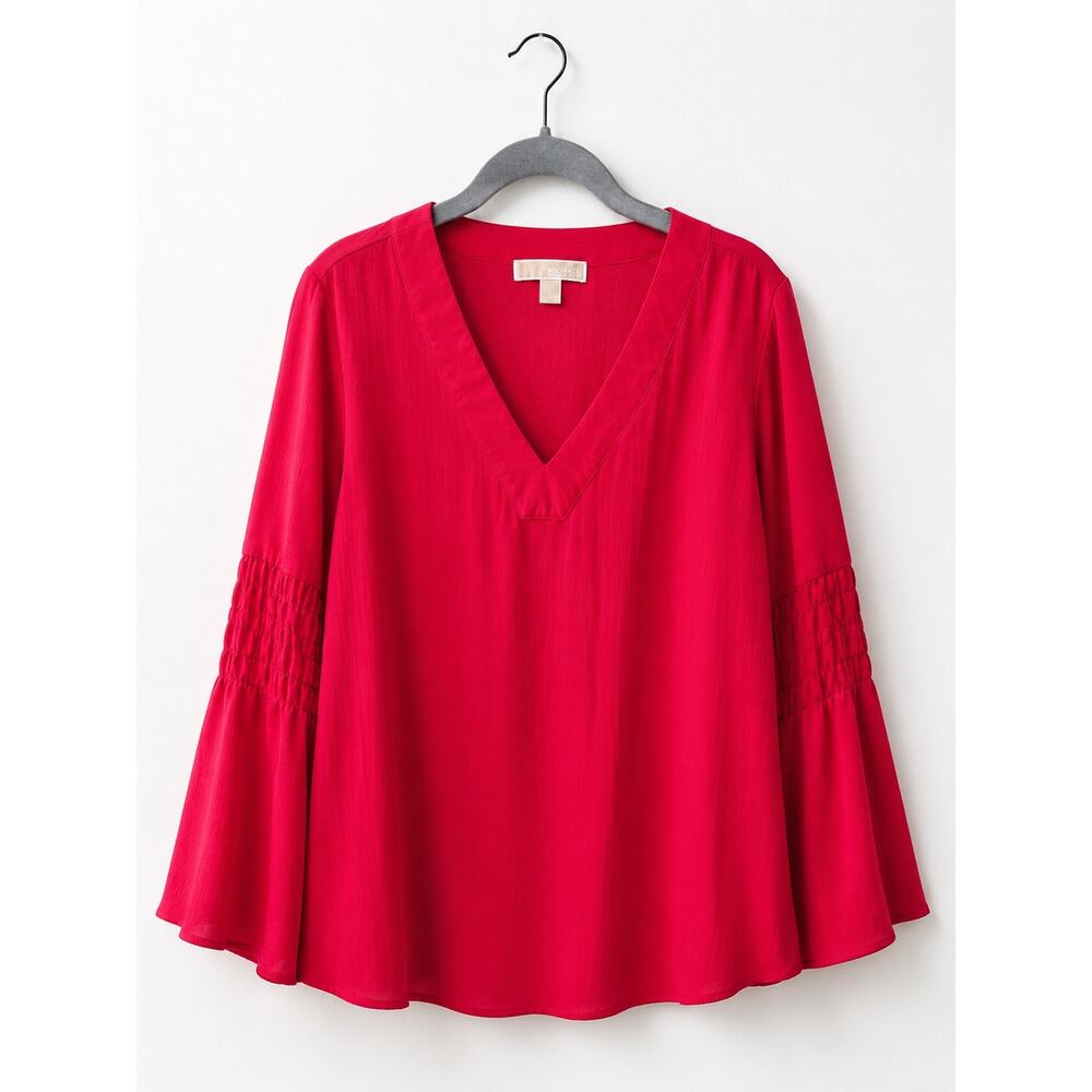 Michael Michael Kors Red V-Neck Blouse Womens Large Long Sleeve Smocked Sleeve - Picture 2 of 10